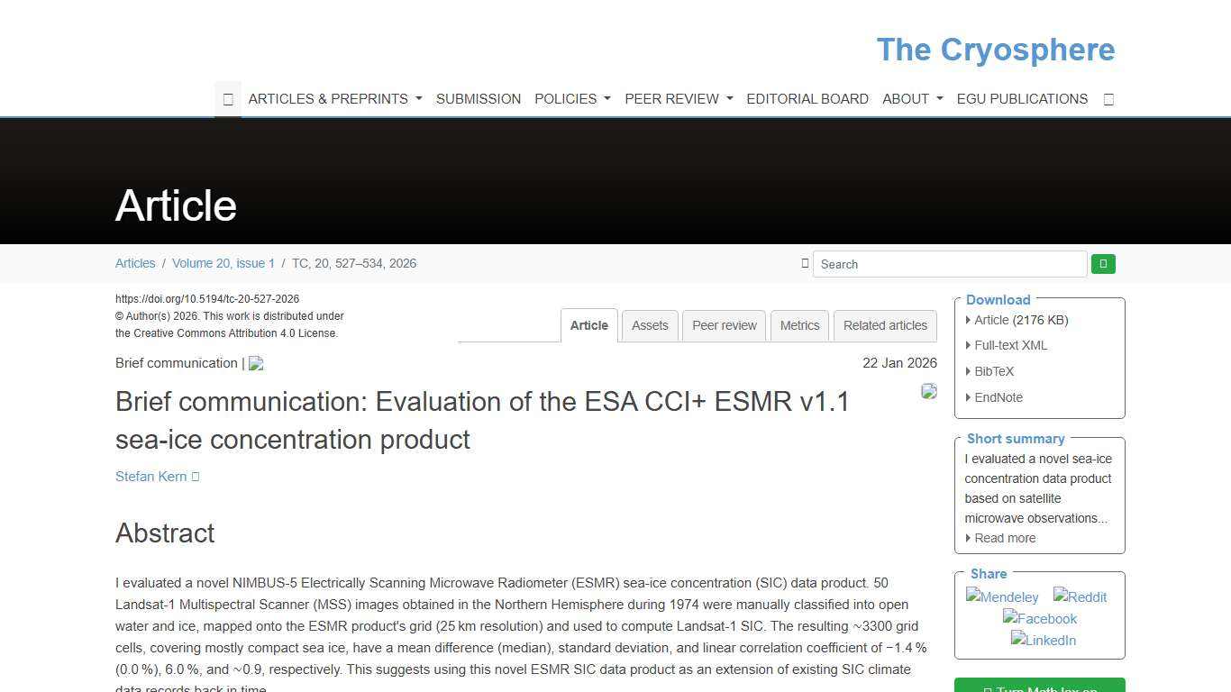 TC - Brief communication: Evaluation of the ESA CCI+ ESMR v1.1 sea-ice concentration product